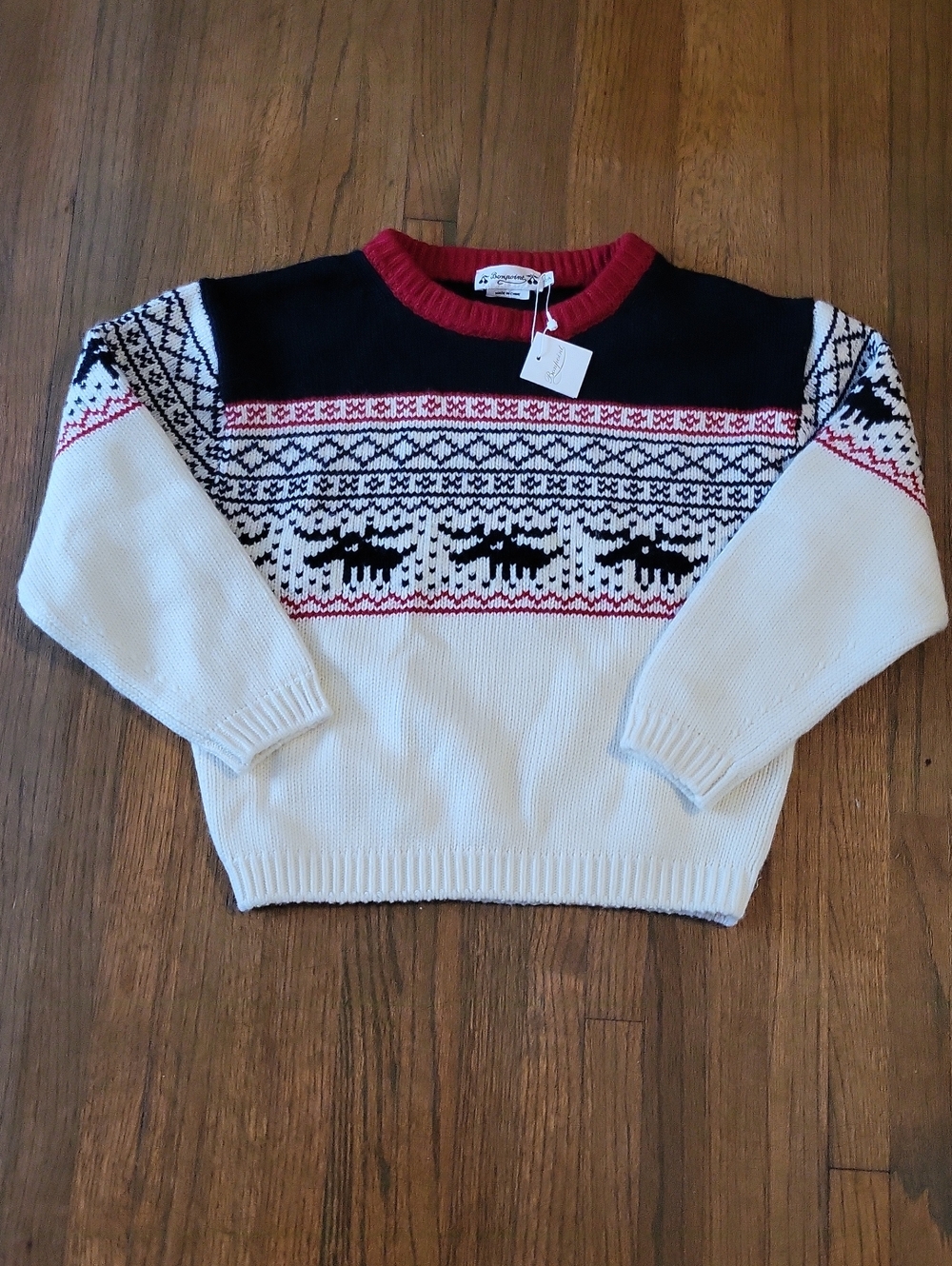 Bonpoint  Fair Isle Knit Sweater in White, Black & Red